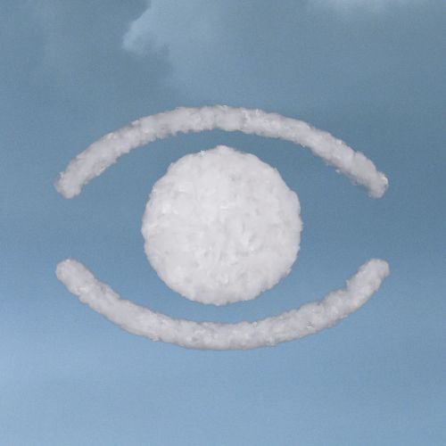 Everywhere apparel company logo. Light blue background with white logo design that has a circle in the middle with white half circles above and below (sort of looks like an eye)