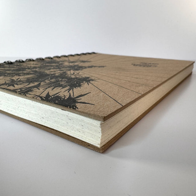 Closeup side view of a the wonder weed sketchbook - shows the details of the thickness of the front and back cover and white paper with specs. In the distance the wire binding can been just barely seen.