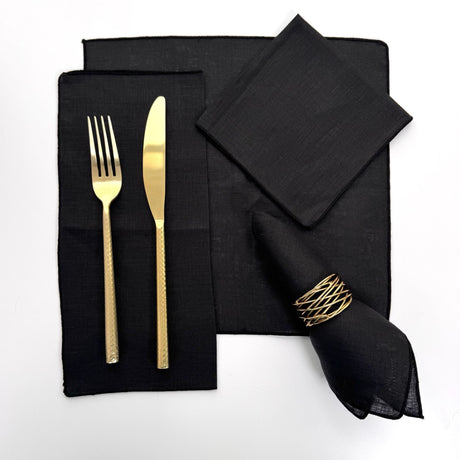 100% hemp black color table napkin pictured with 5 different ways to fold the napkin.  Napkins have black threading on the edge.  