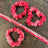 Three red eco print hemp scrunchies, pictured on a dark wooden table and pictured with a piece of hemp fabric scrap of the same fabric that reads "100% hemp"