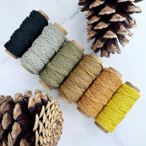 Six rolls of hemp cord - black, grey, sage green, light brown, orange-brown, and yellow.  Show on a white surface with pinecones in the scene. 