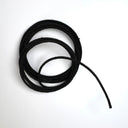 Black wire hemp cord wound up in a circular stack.