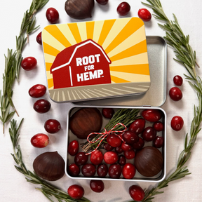 Root for Hemp logo tin filled with festive botanicals