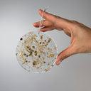Hand holding a round decorative resin suncatcher with gold leaf plant fiber and seeds against a gray background