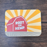 Front features the Root for Hemp red barn logo with sunset vignette - Red barn, yellow sun rays, green field, white font reading "Root for Hemp"