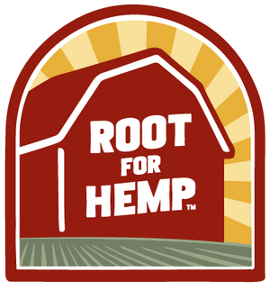 Root for Hemp logo of a red bard with the words Root for Hemp in bold white letters.  Green grass in the front of the barn, yellow starburst in the background.
