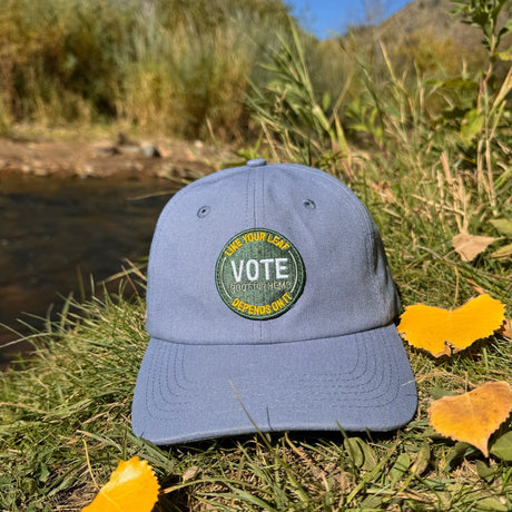 Blue hemp vote baseball hat with a patch on the front that says "Vote like your leaf depends on it" and "root for hemp."  Pictured outside on green grass with some yellow leaves and a river in the background. 